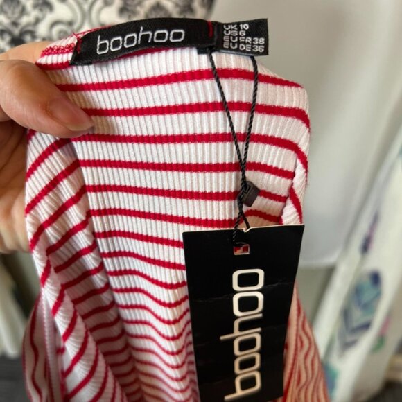 Boohoo Red & White Striped Ribbed V-Neck Bodysuit Size US 6 / UK 10 - Picture 8 of 9